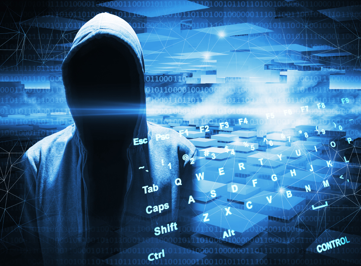 Empty hooded figure against an abstract blue field of computer code