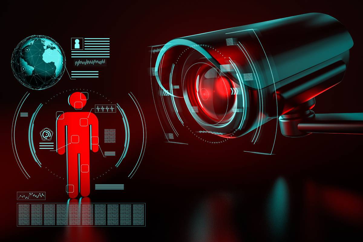 Surveillance security camera focused on human-icon metaphor data collection red black