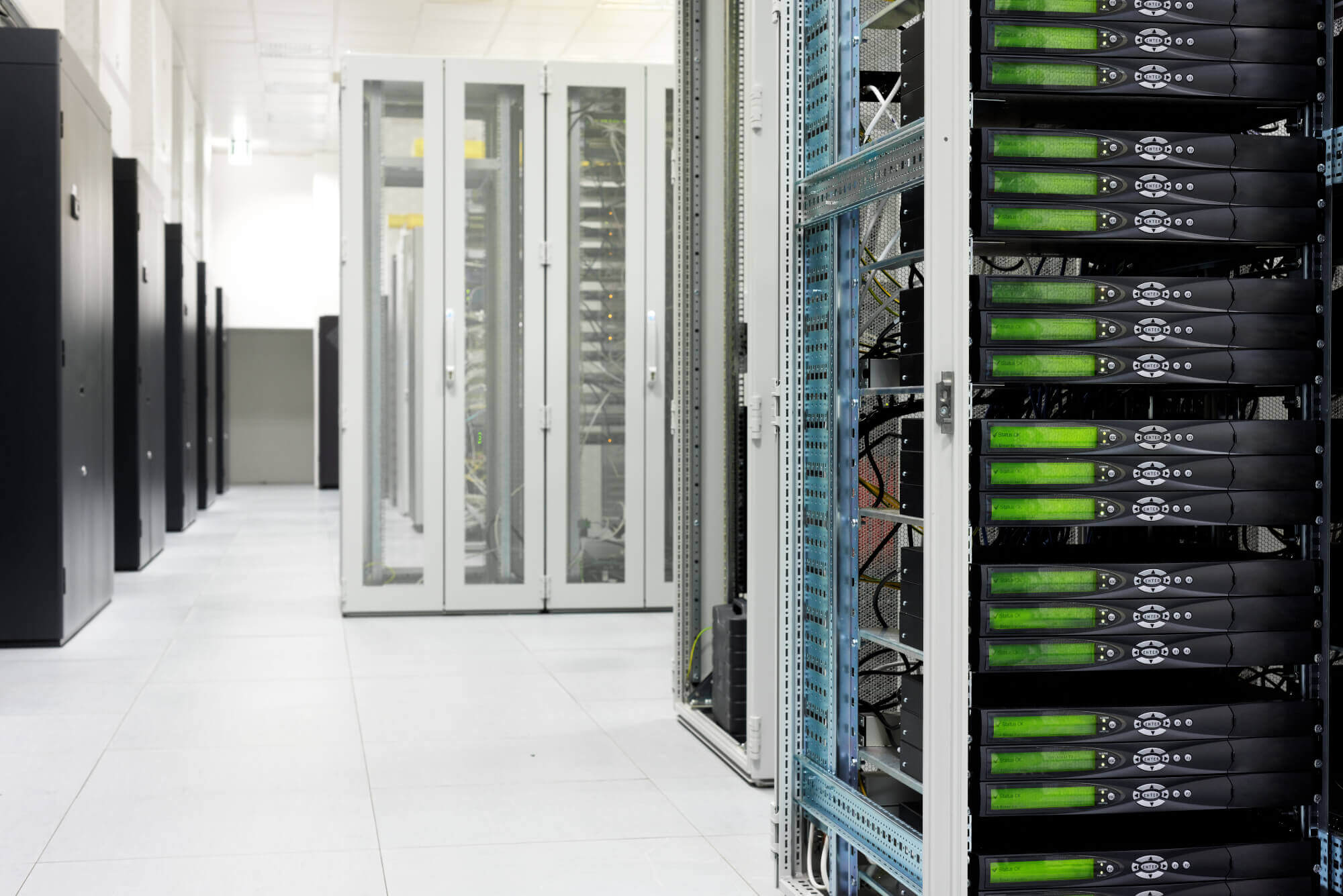 Server room with racks of data backup equipment
