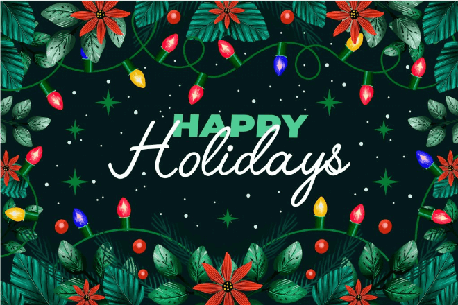 Happy Holidays' on a background of holiday lights and stars