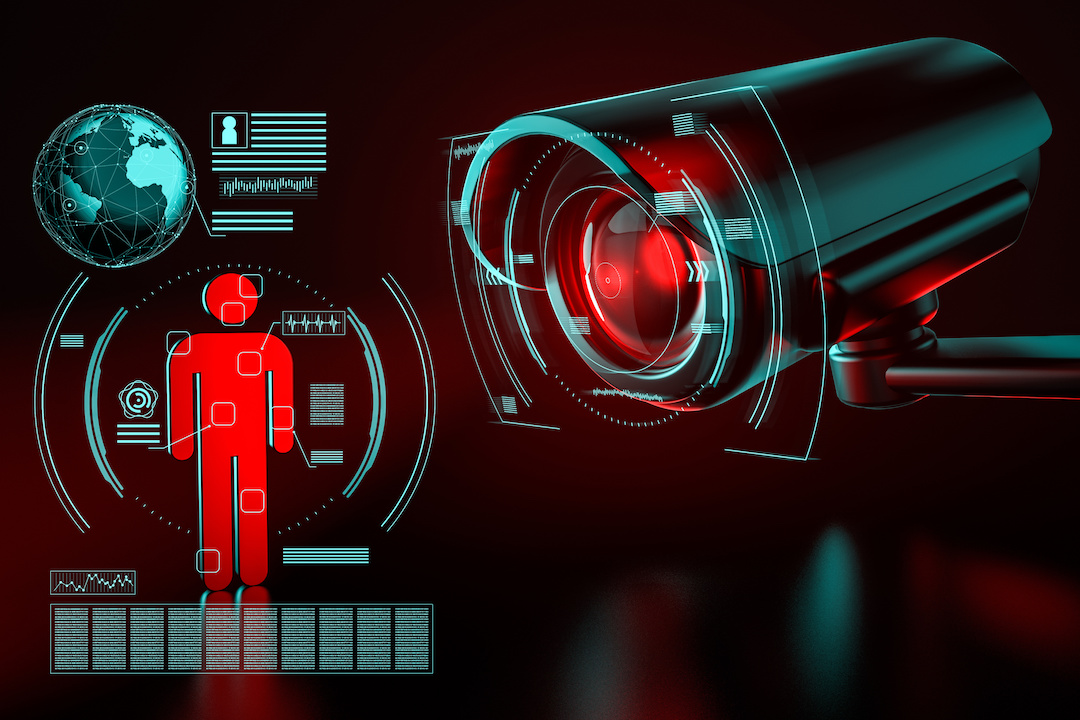 Surveillance security camera focused on human-icon metaphor data collection red black