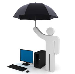 Graphic of a stick person holding an umbrella over a computer