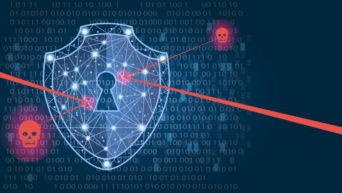 A shield deflecting red skulls, cybersecurity concept