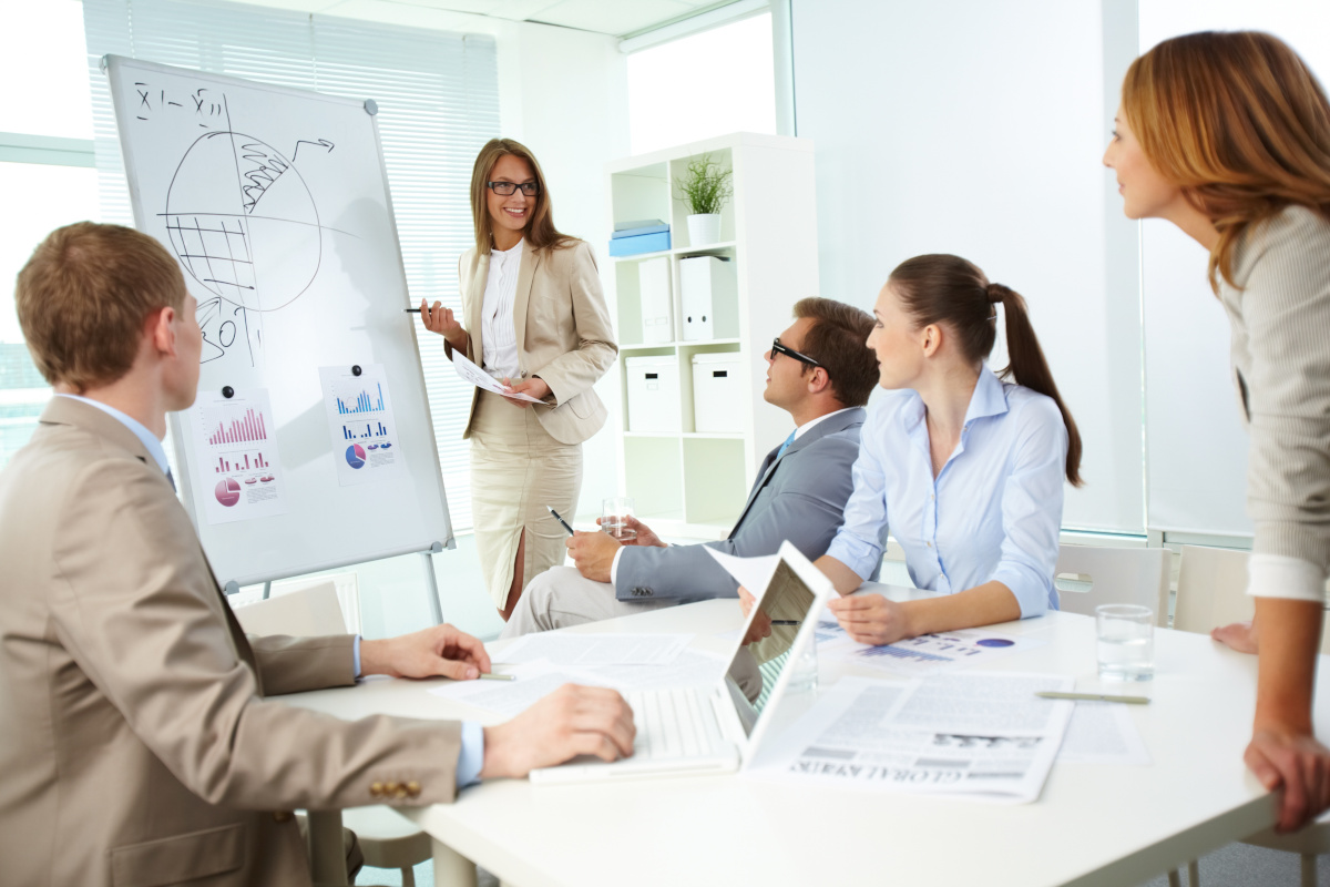 Business people looking at a whiteboard with various charts on it