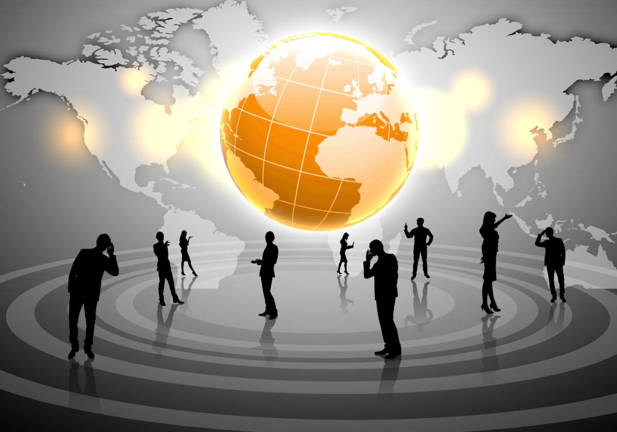 A group of silhouettes standing on a circular reflective graphic with an orange globe floating above them.