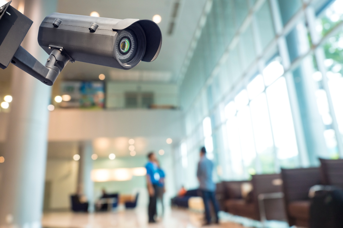 A surveillance camera watching over a lobby