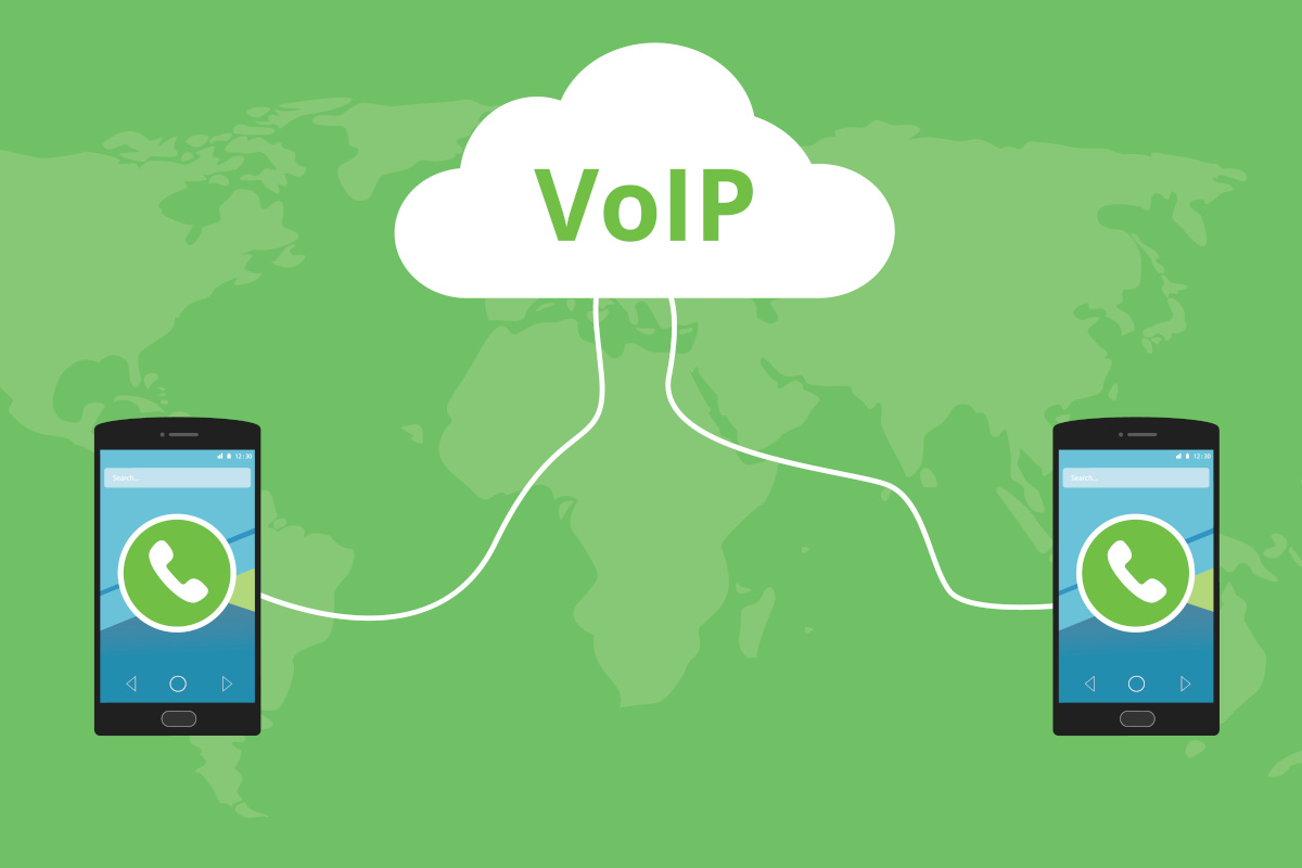 Two mobile phones connected to a bubble that reads VoIP