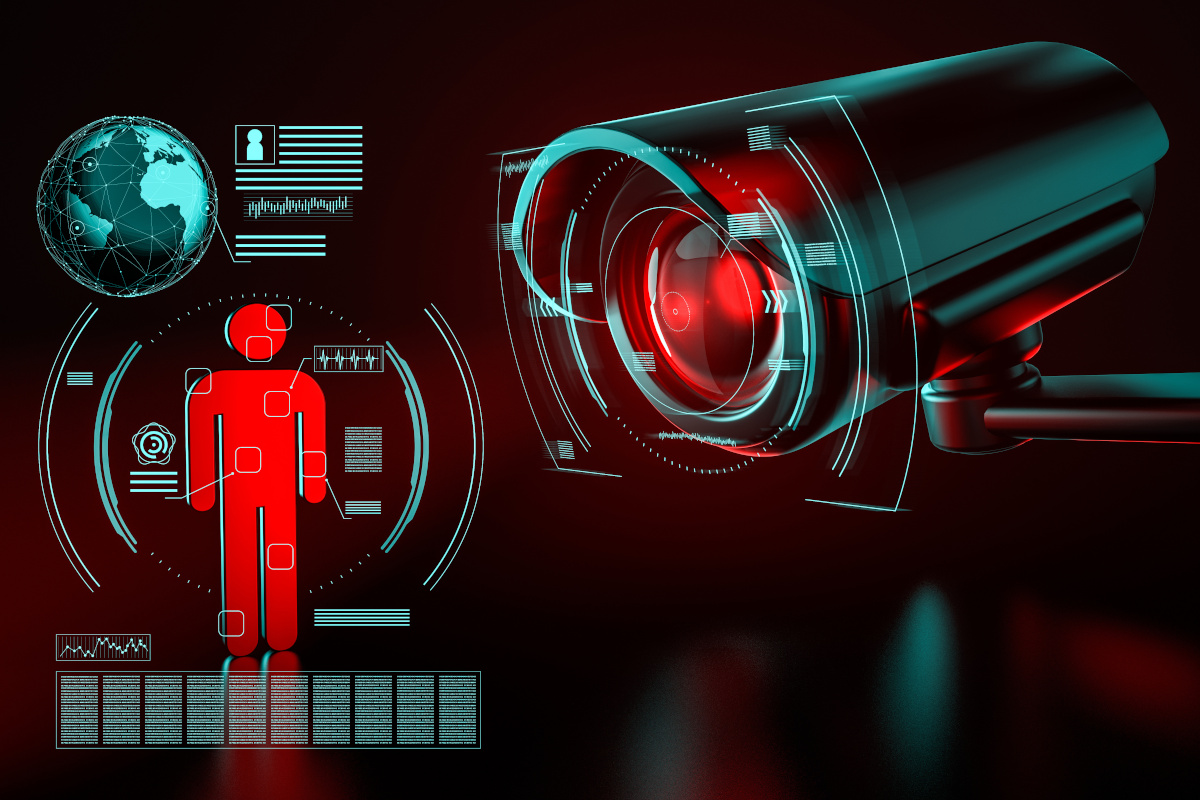 Big surveillance camera is focusing on a human icon as a metaphor of collecting data by surveillance systems. 3D rendering