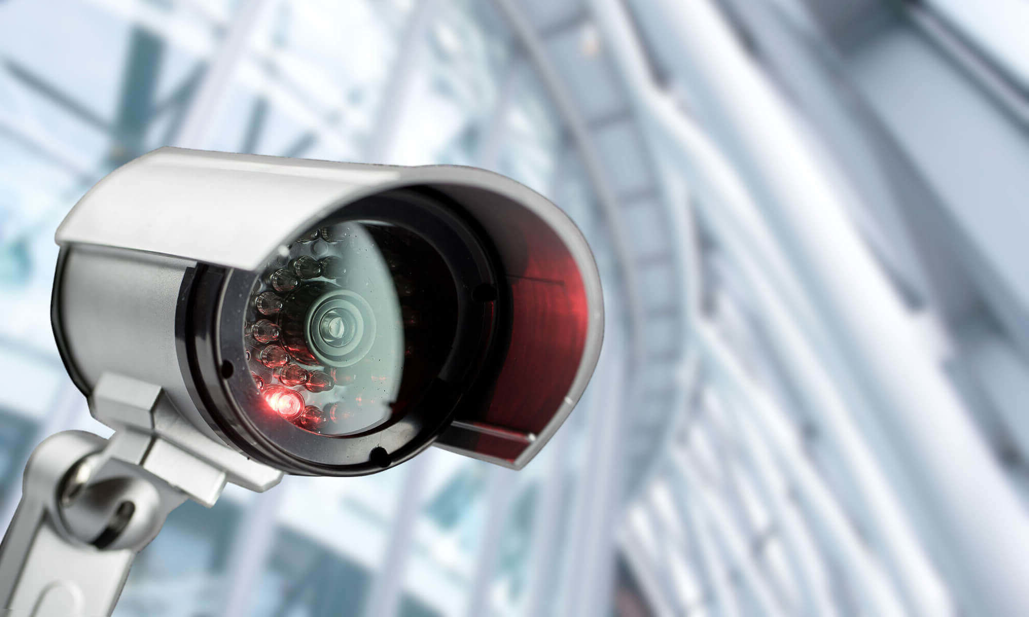 Security camera mounted on a building exterior